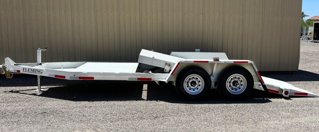 High capacity tilt trailer, with tilted bed ready for loading
