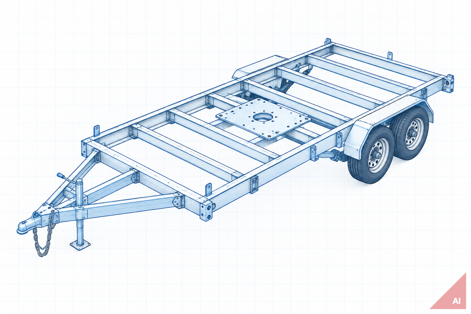 Blueprint-style open-frame trailer foundation drawing for Sky High Dining with AI-generated image marker