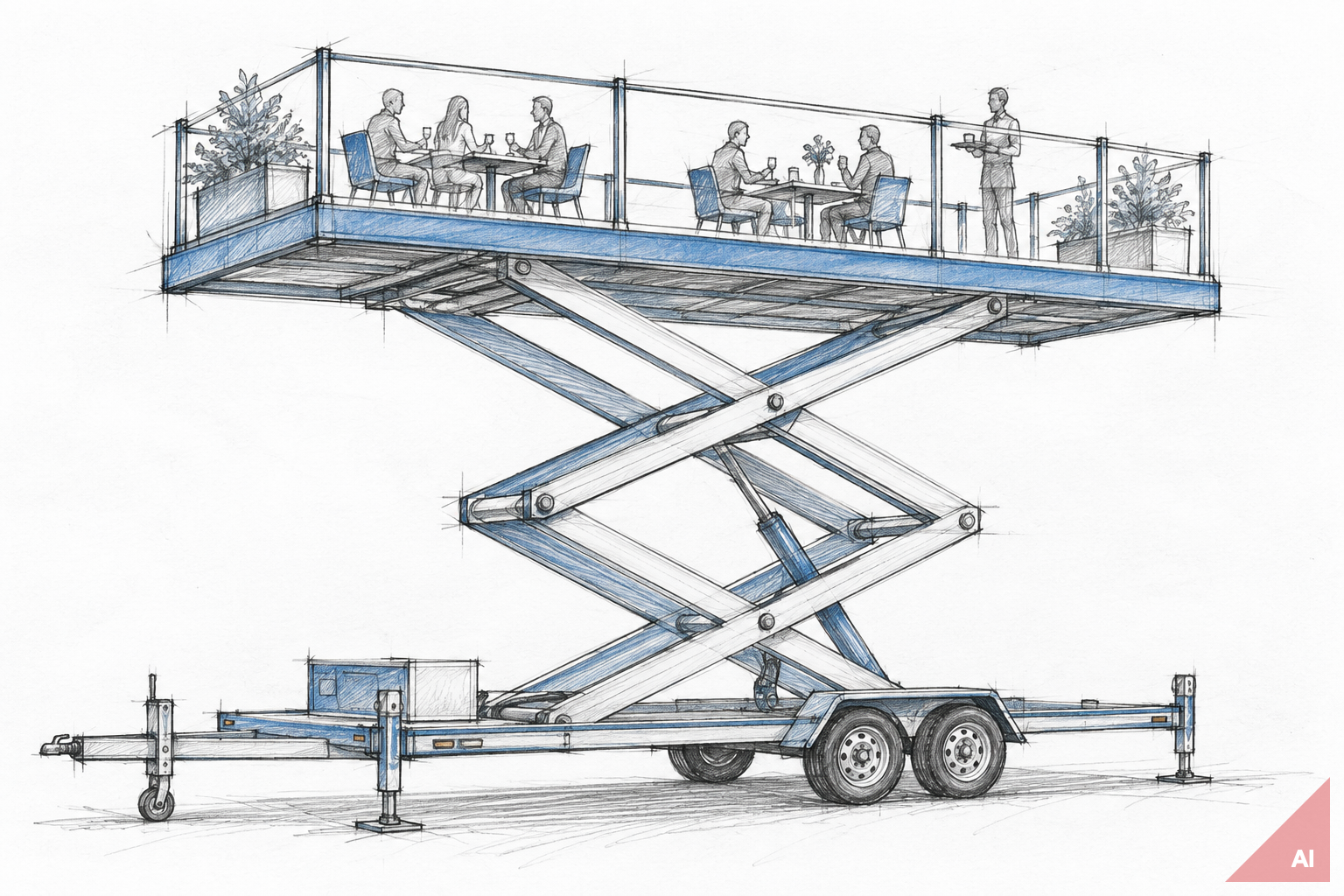Sketch-style scissor lift dining platform concept on trailer foundation with AI-generated image marker