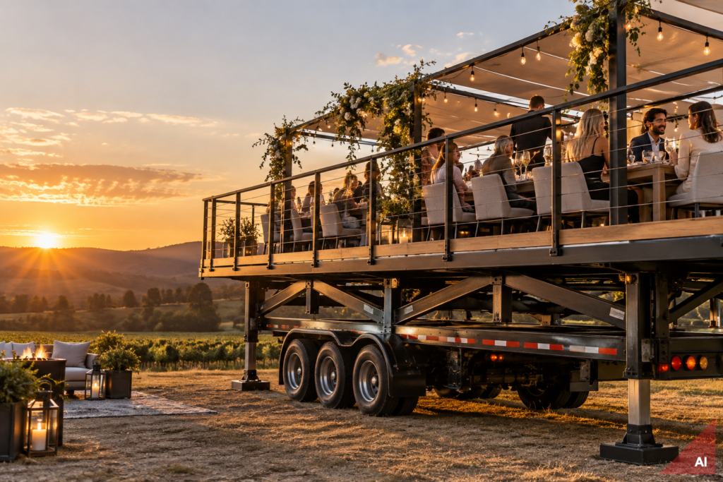 Sky High Dining elevated sunset dining platform on custom trailer foundation with AI-generated image marker